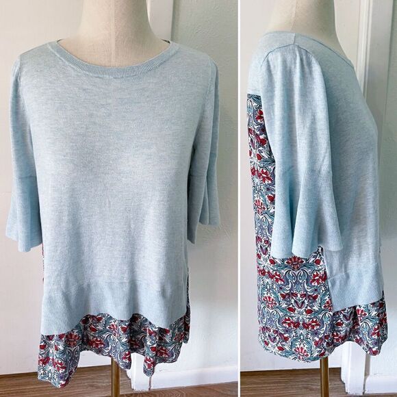 Loft Light Blue Sweater With Floral Chiffon Back - Picture 1 of 2